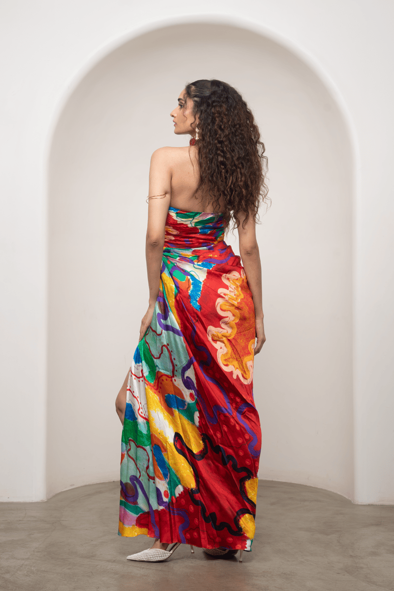 Multicolor Strapless Ruched Satin Maxi Dress