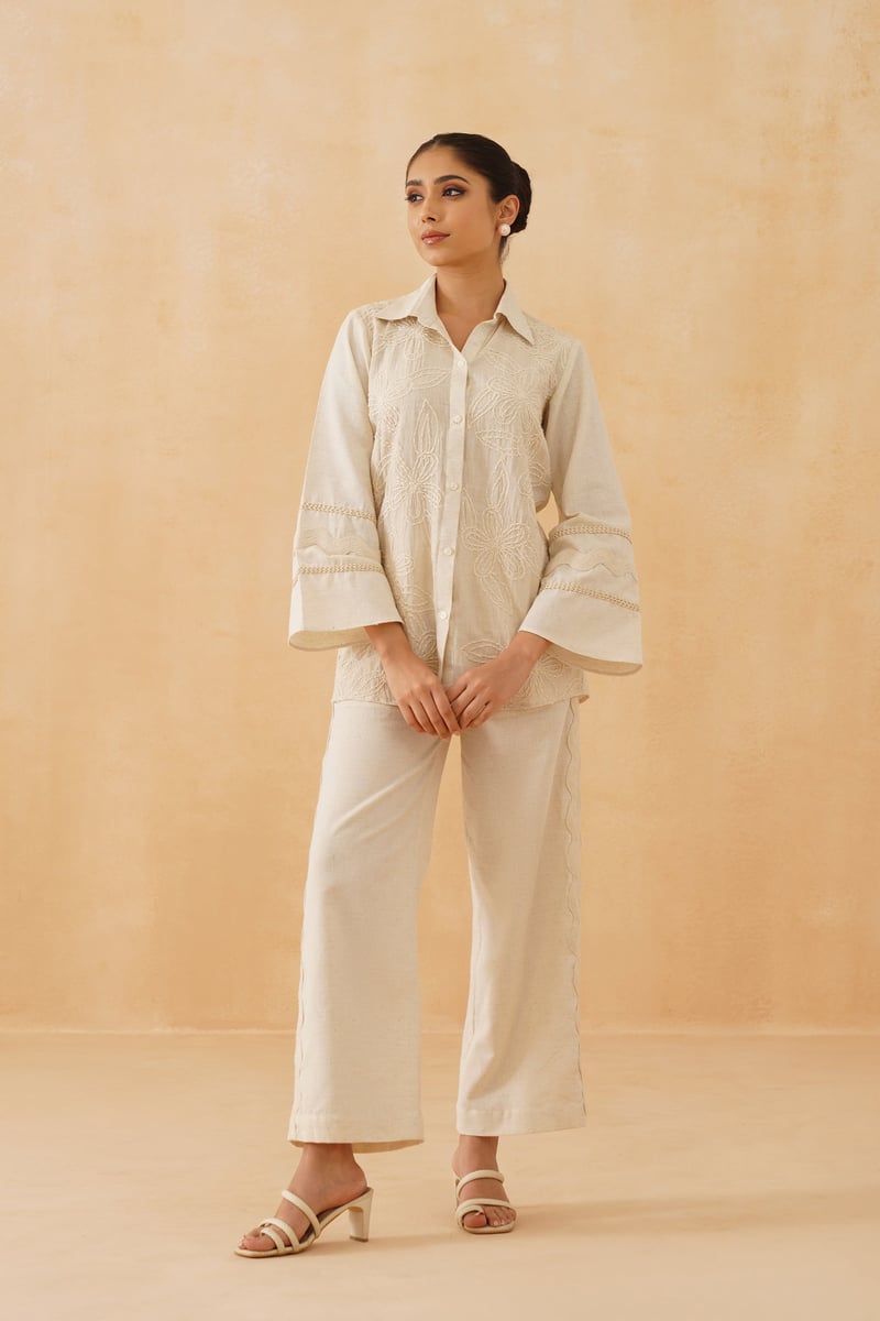 Cream Hand-Embroidered Cotton Co-ord Set
