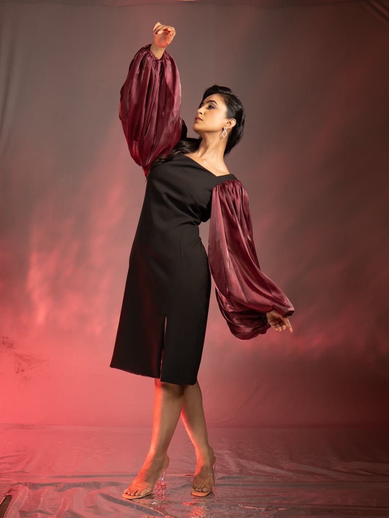 Black Sheath Dress with Maroon Organza Balloon Sleeves