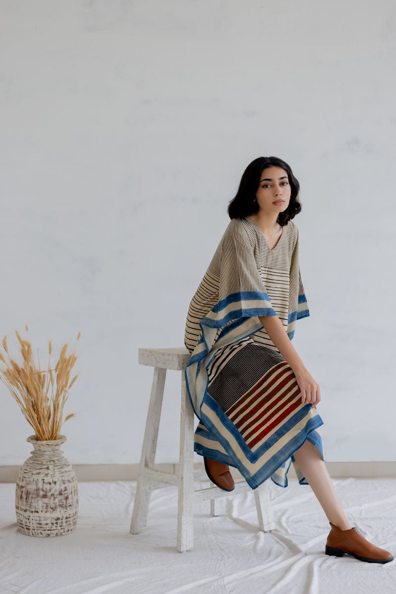 Multicolor Striped Cotton Kaftan Dress with V-Neck