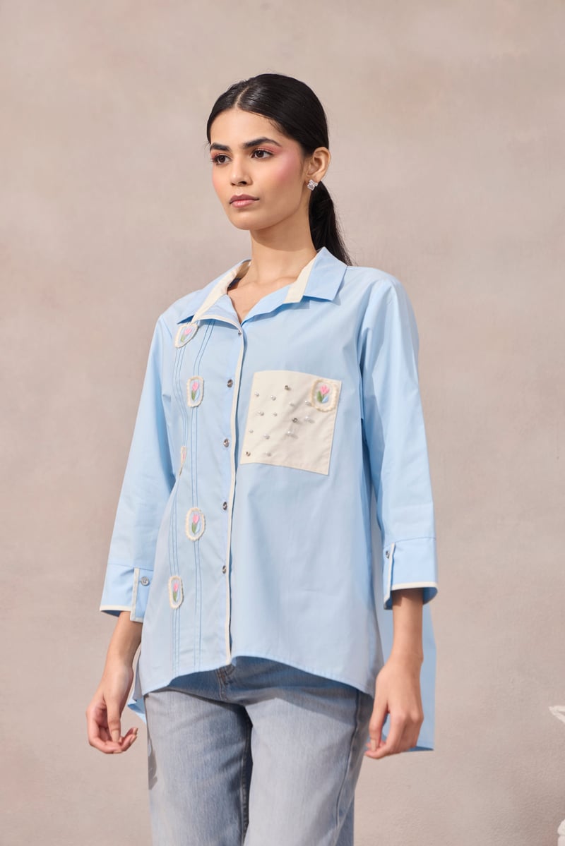 Frost Blue Cotton Poplin Shirt with Applique and Pearl Pocket