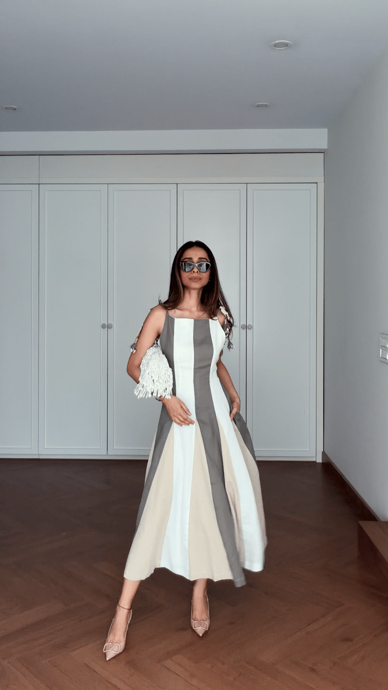 Neutral Colorblock Cotton Linen A-Line Midi Dress — Our Love