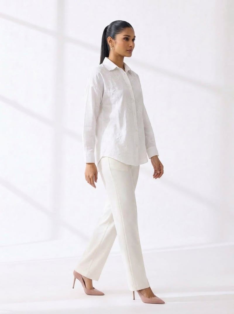 White Tonal Embroidered Cotton Shirt