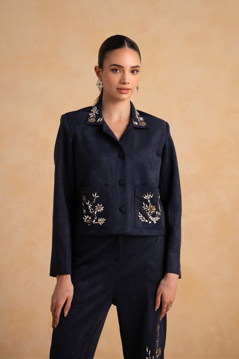 Night Blue Suede Embellished Jacket and Pant Co-ord Set