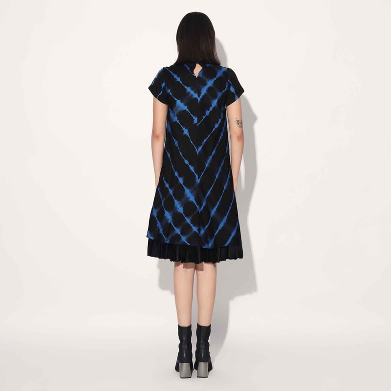 Black/Blue Shibori Tie-Dye A-Line Knee-Length Dress