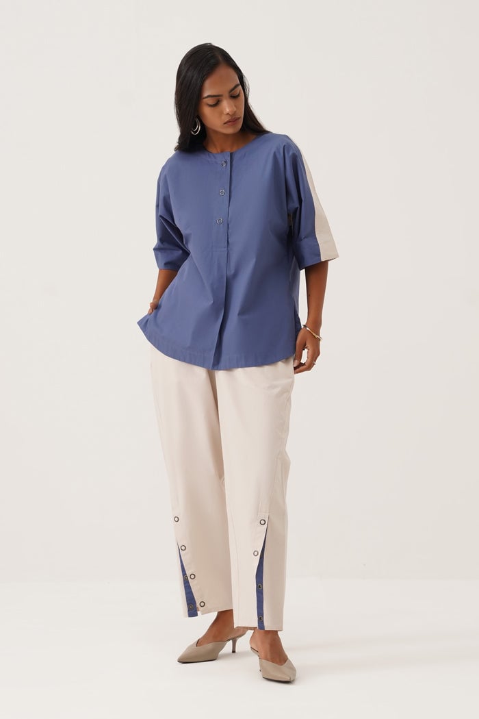 Blue and White Colorblocked Shirt and Pants Co-ord Set