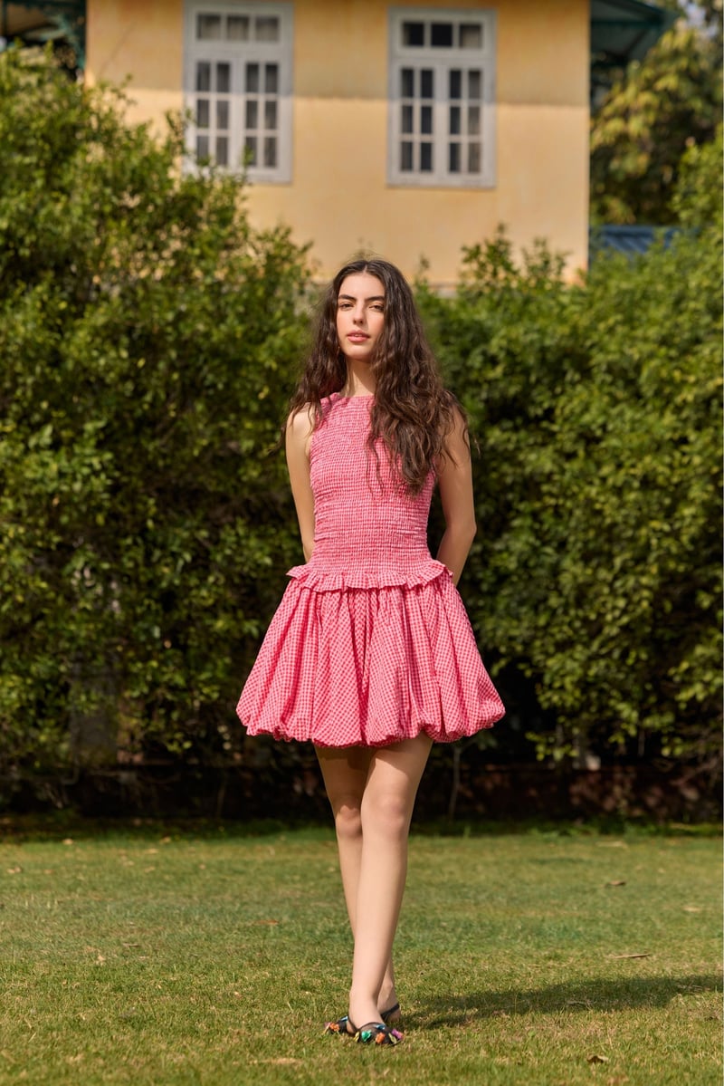 Red Gingham Smocked Bubble Hem Mini Dress