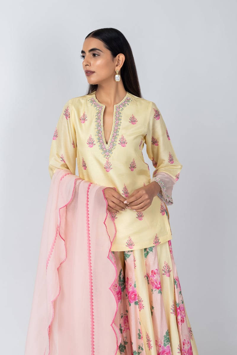 Yellow Floral Silk Kurta Sharara Set with Organza Dupatta