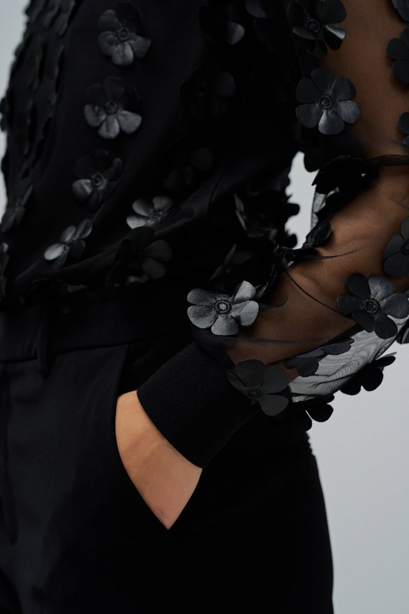 Black Mesh 3D Floral Applique Pullover Sweatshirt