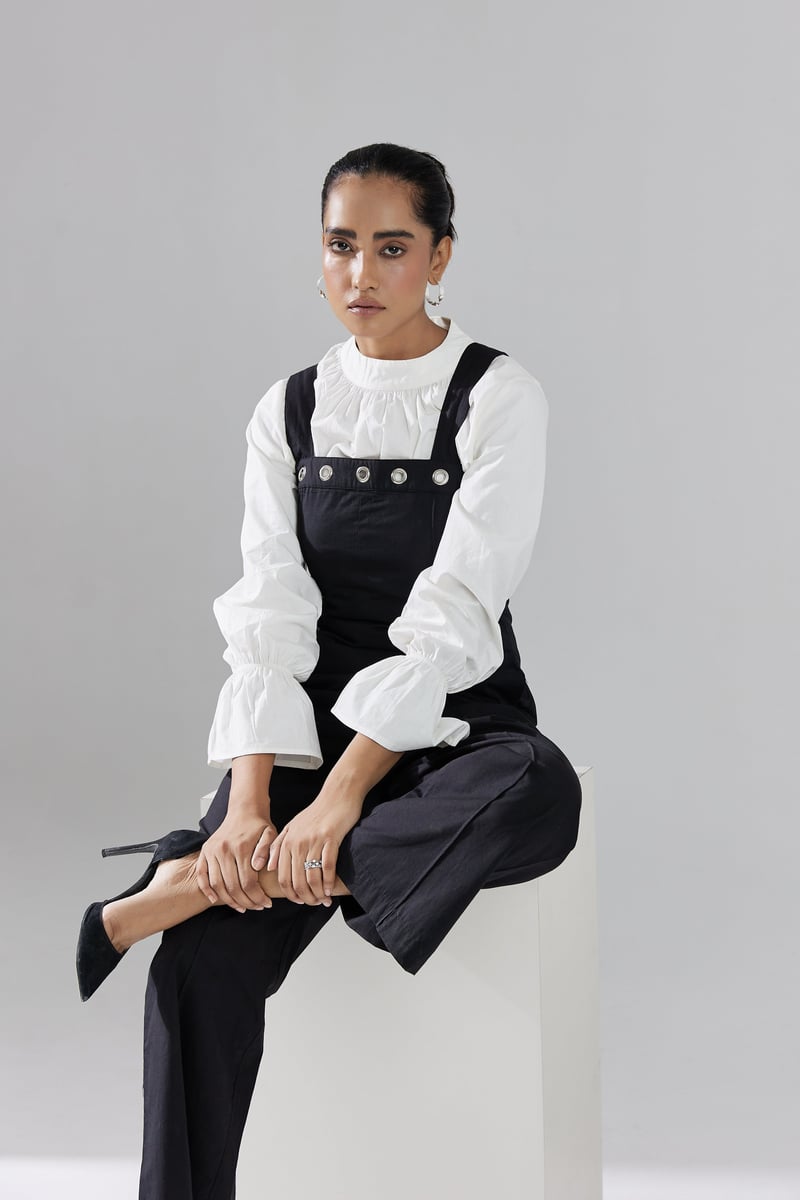 Black Poplin Dungaree-Style Straight-Leg Jumpsuit