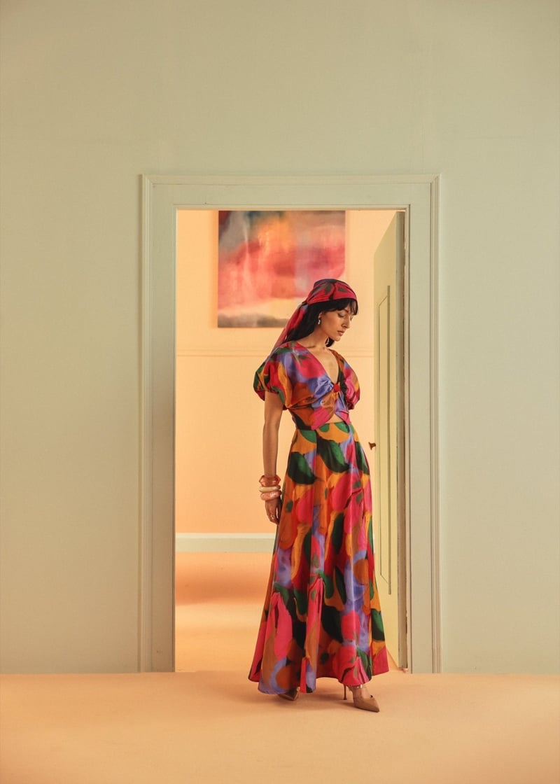 Multicolor Abstract Floral Fit and Flare Maxi Dress