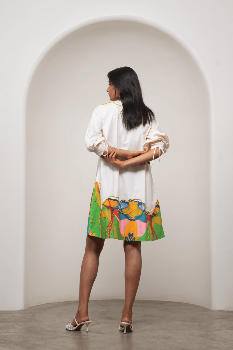 White Poplin Shift Mini Dress with Colourblock Hem