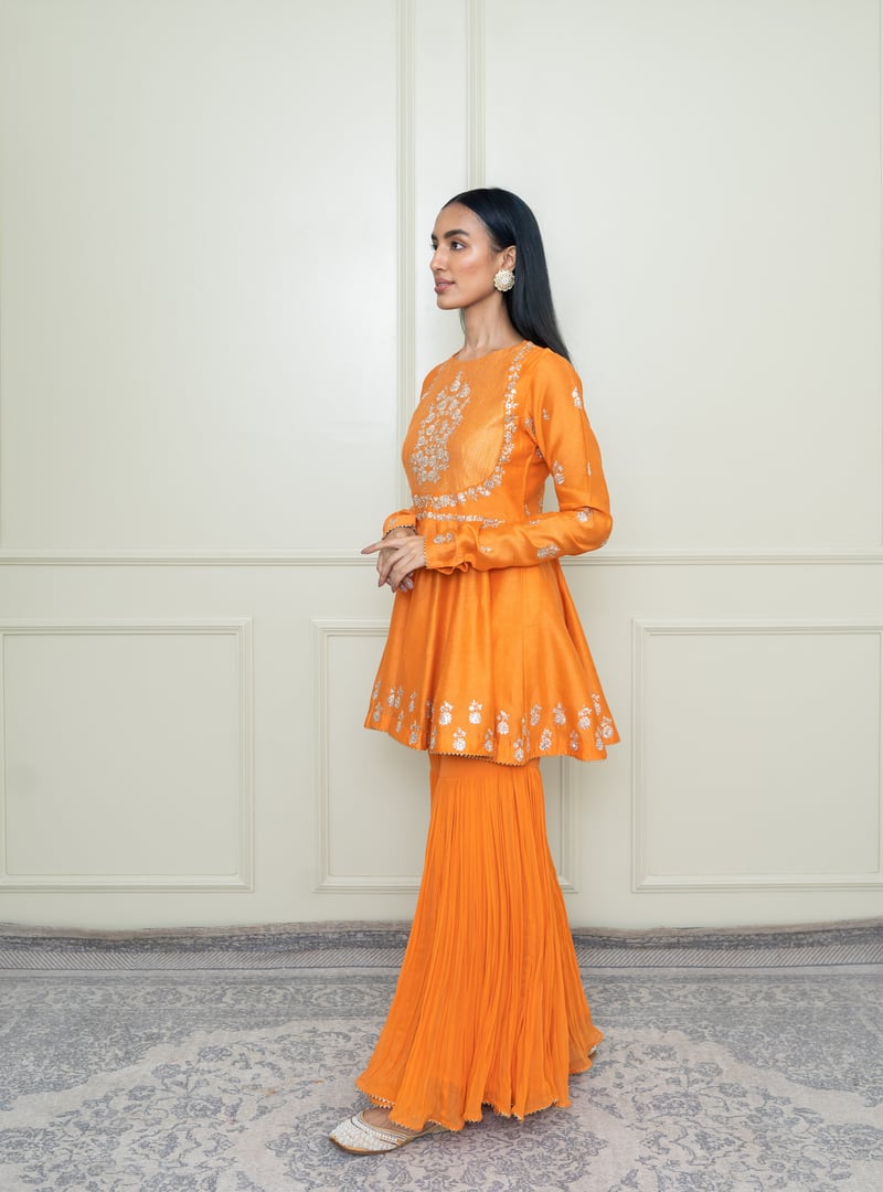 Pumpkin Orange Embroidered Peplum Kurta Garara Set