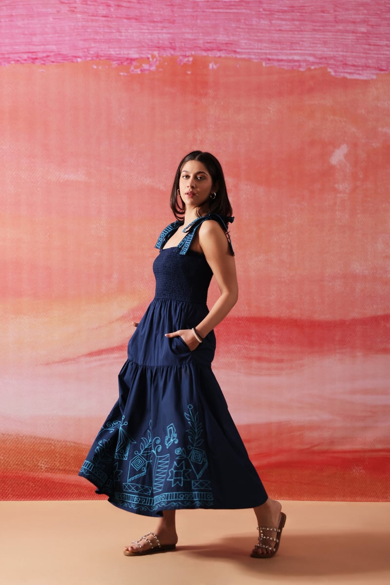 Blue Smocked Tiered Midi Dress with Embroidered Ties