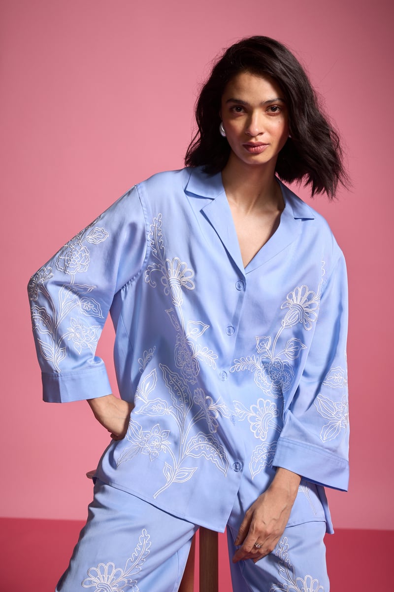 Pastel Blue Tencel Placement Embroidered Relaxed Fit Shirt