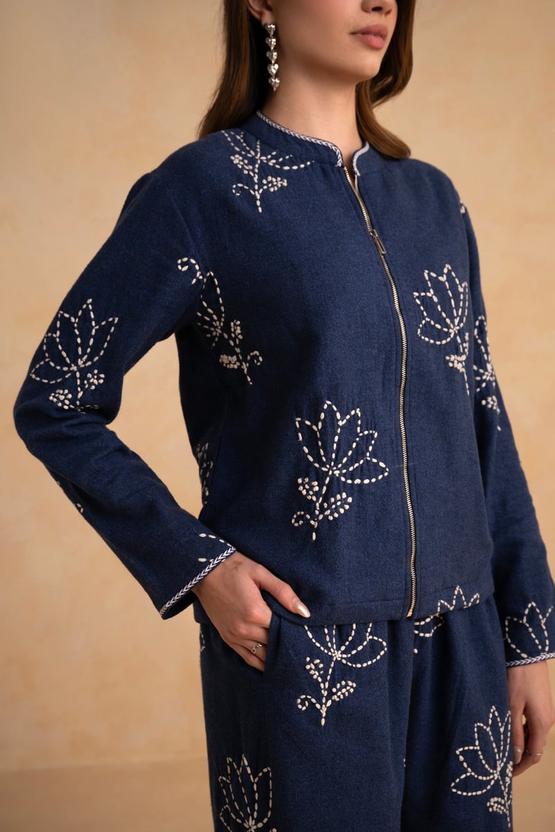 Dark Blue Embroidered Zip-Up Jacket and Pant Co-ord Set