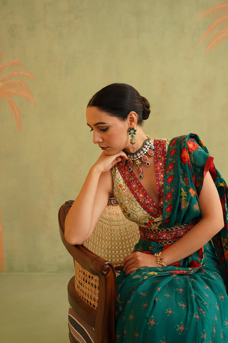 Green and Cream Pre-Draped Bemberg Crepe Saree Set