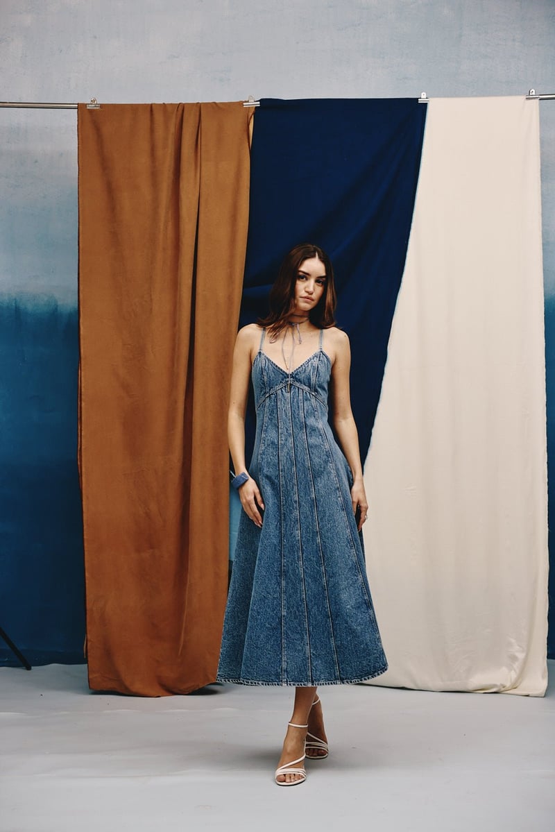 Acid-Washed Indigo Denim Fit and Flare Midi Dress