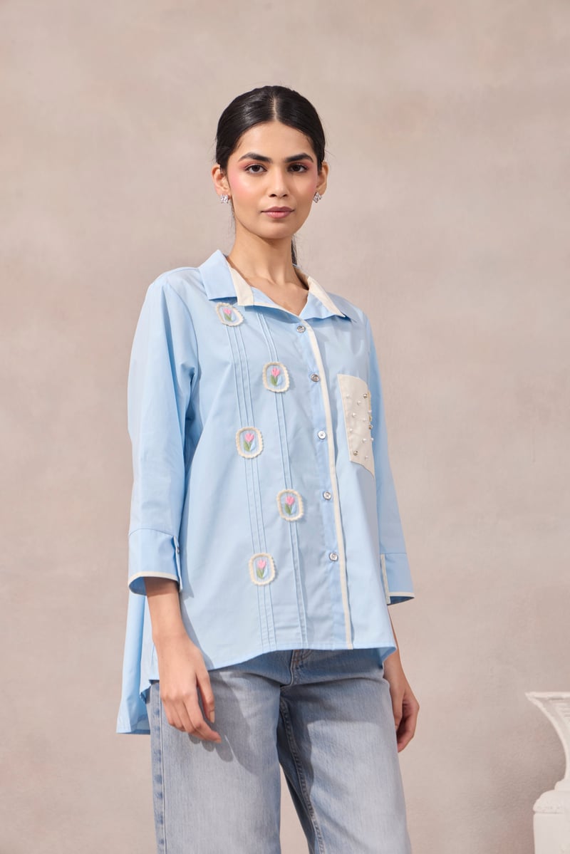 Frost Blue Cotton Poplin Shirt with Applique and Pearl Pocket