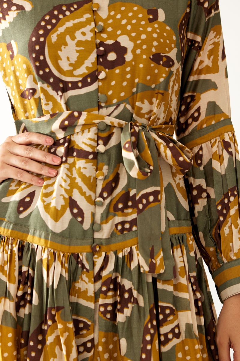 Olive And Mustard Floral Short Dress