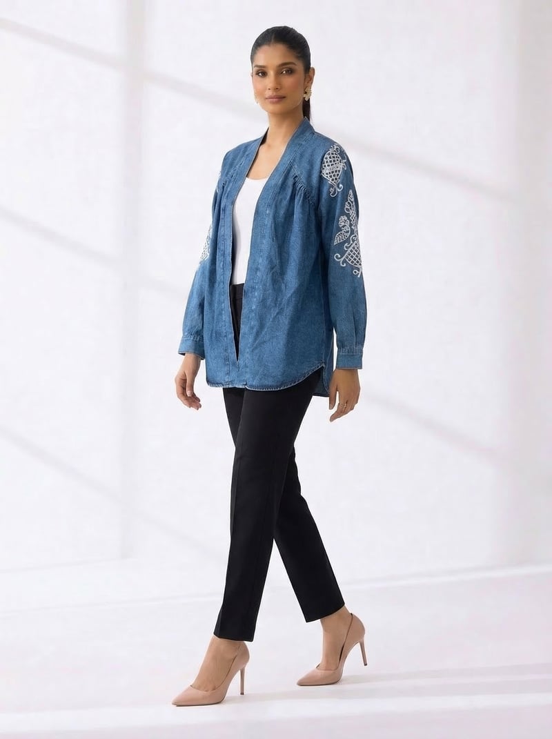 KOYU MAVI Denim Open-Front Jacket with Sleeve Embroidery