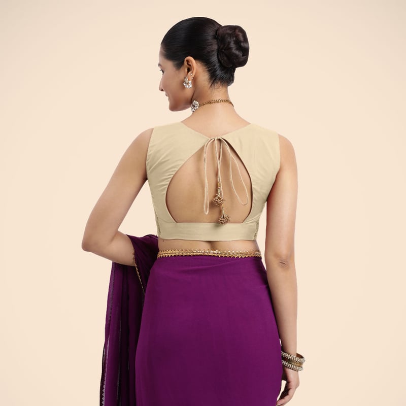 Cream Sleeveless Curved V-Neck Front-Open Saree Blouse