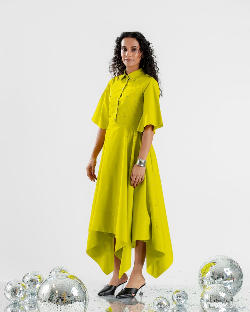 Lime Green Embellished Shirt Midi Dress with High-Low Hem