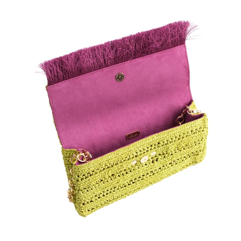 JENA Poppy Green Slim Raffia Clutch with Gold Emblem