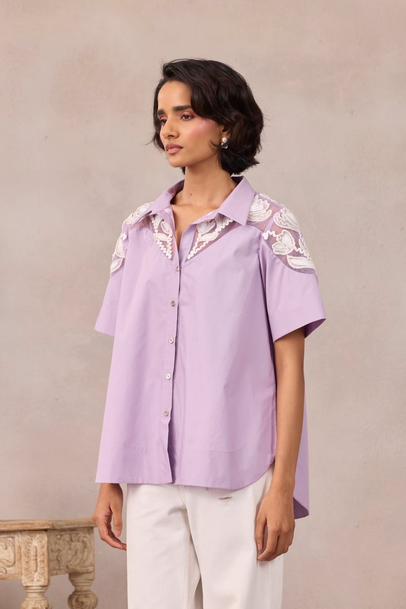 Sweet Lavender Cotton Poplin Shirt With Embroidered Yoke