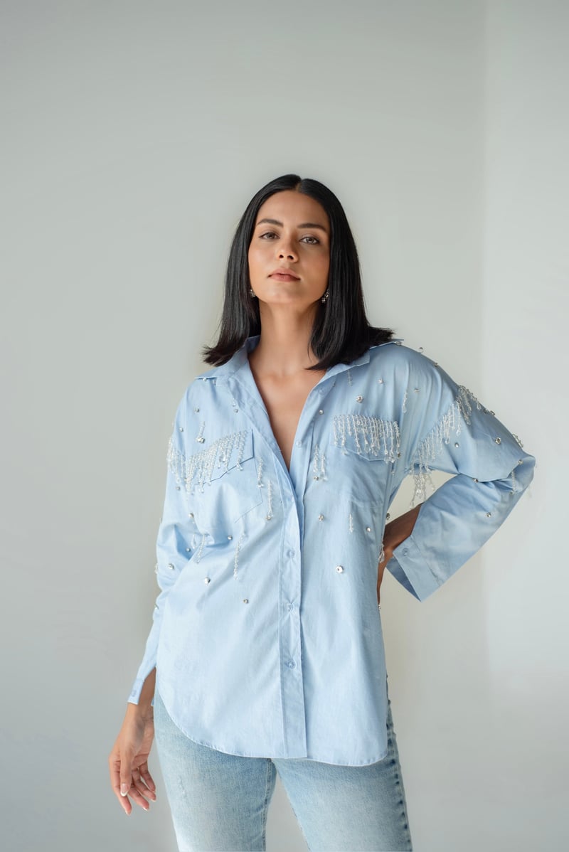 Blue Cotton Oversized Crystal-Embellished Shirt