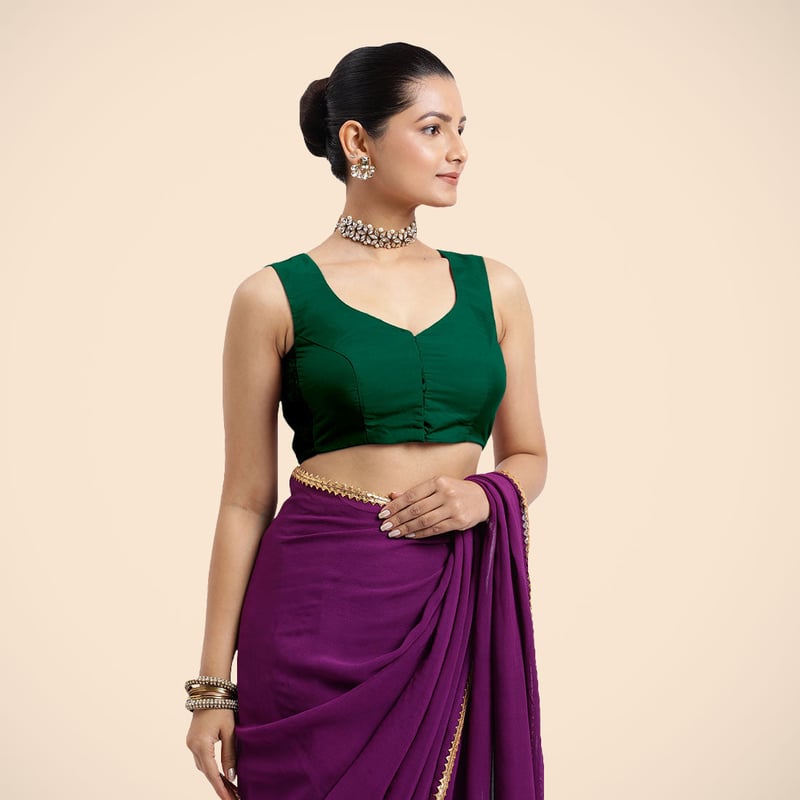Bottle Green Sleeveless V-Neck Front Open Saree Blouse