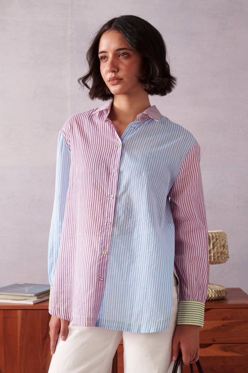 Blue/Pink Striped Panelled Cotton Shirt