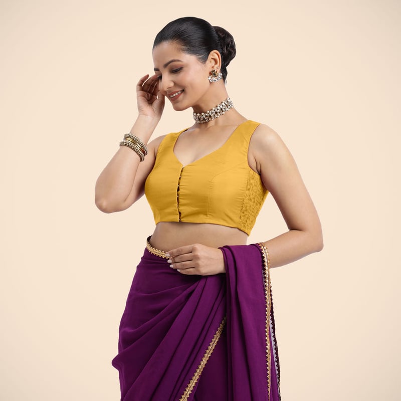 Marigold Yellow Sleeveless V-Neck Front Open Saree Blouse