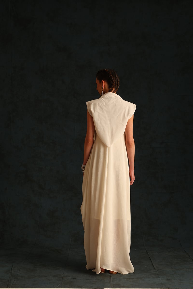 Off-White Maxi Cowl Dress with Cape Waistcoat