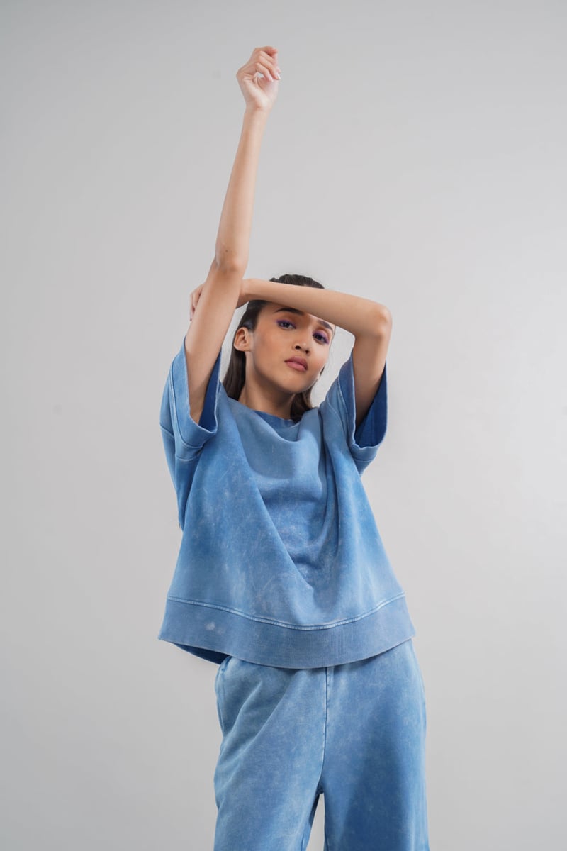 Washed Blue Cotton Terry Oversized Sweatshirt