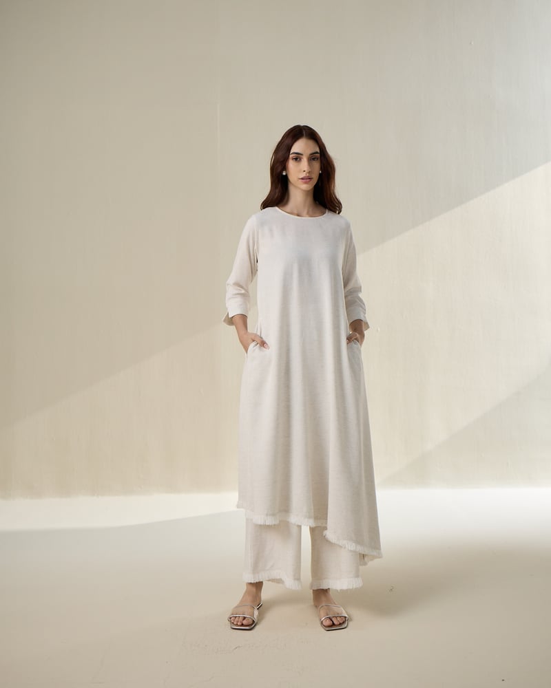 Natural Linen A-Line Kurta Set with Overlapped Back