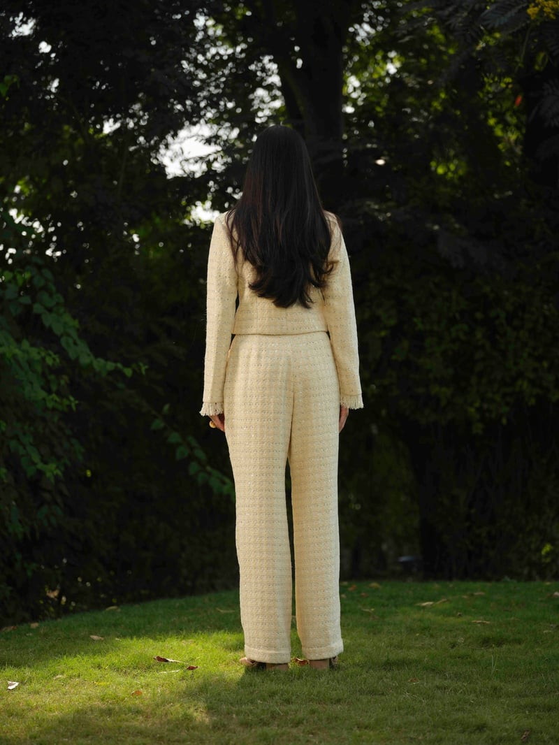 Butter Yellow Tweed Jacket and Straight Pants Co-ord Set