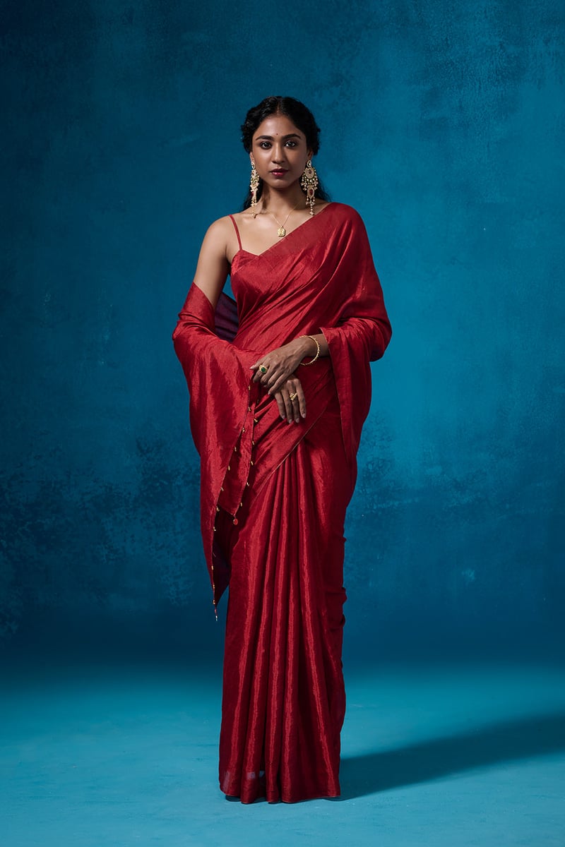 Rich Red Metallic Tissue Saree with Embellished Pallu