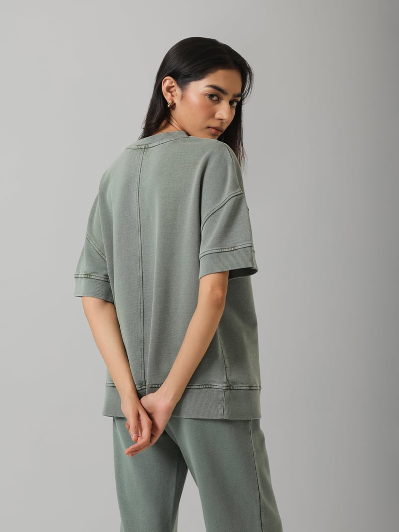 Green Acid Wash Short Sleeve Crew Neck Sweatshirt