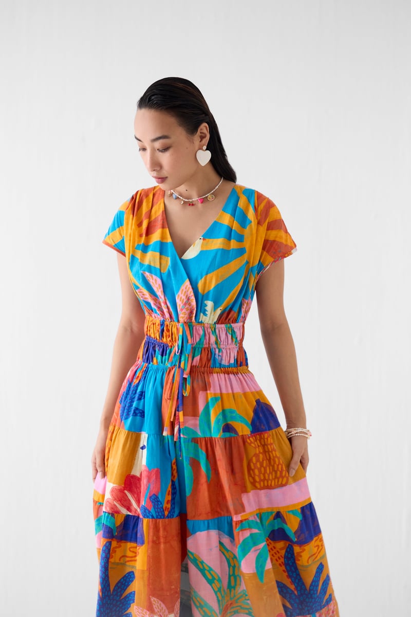 Multicolor Printed A-Line Maxi Dress with Drawstring Waist