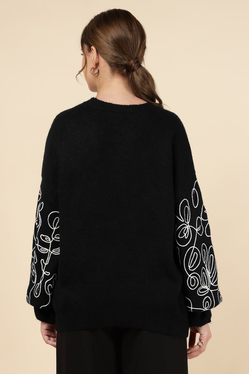 Black Abstract Line-Art Relaxed Fit Sweater