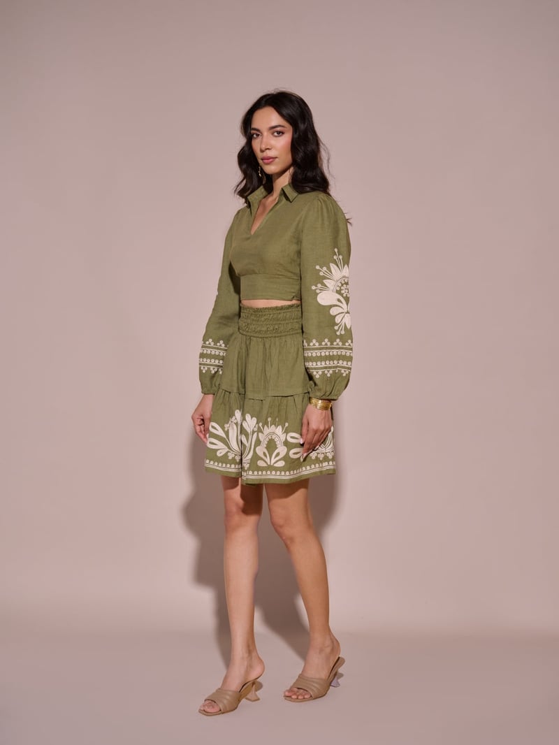 Green Linen Crop Top with Embroidered Sleeves