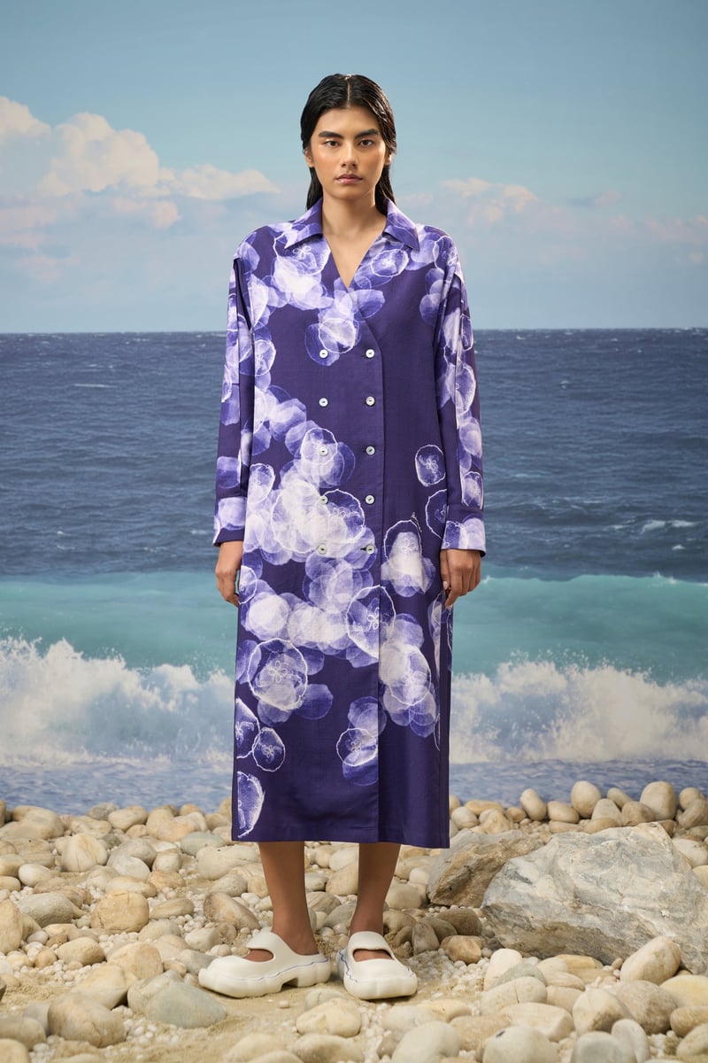 Purple/Navy Abstract Print Cotton Poplin Shirt Dress