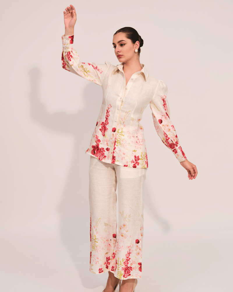 Apricot Floral Linen Shirt and Wide-Leg Pant Co-ord Set
