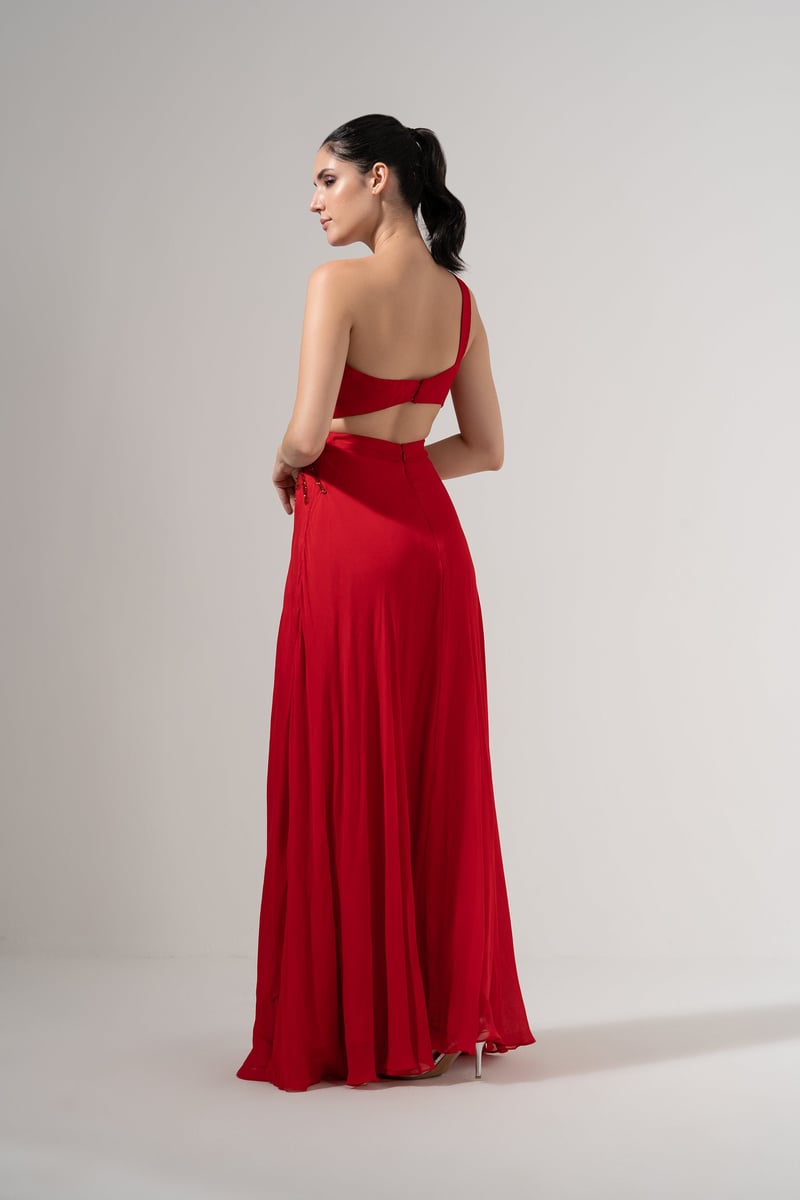 Crimson One-Shoulder Beaded Cutout Maxi Gown