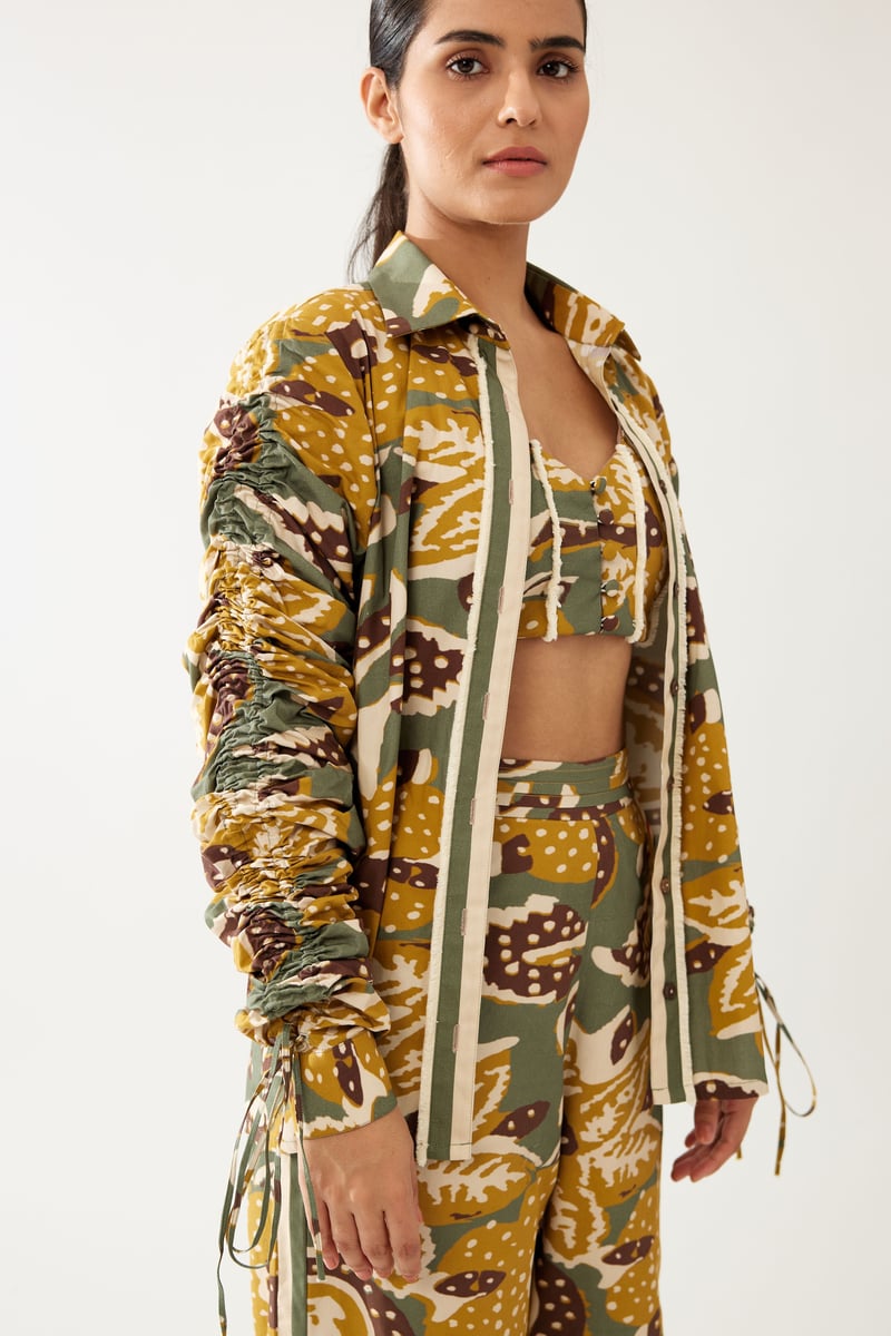 Olive And Mustard Floral Smocking Sleeve Shirt