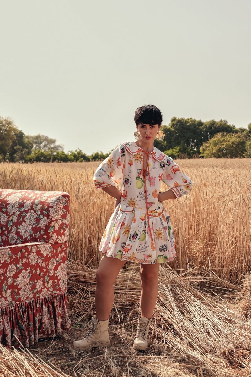 Blush Pink Printed Silk Mini Dress with Peter Pan Collar