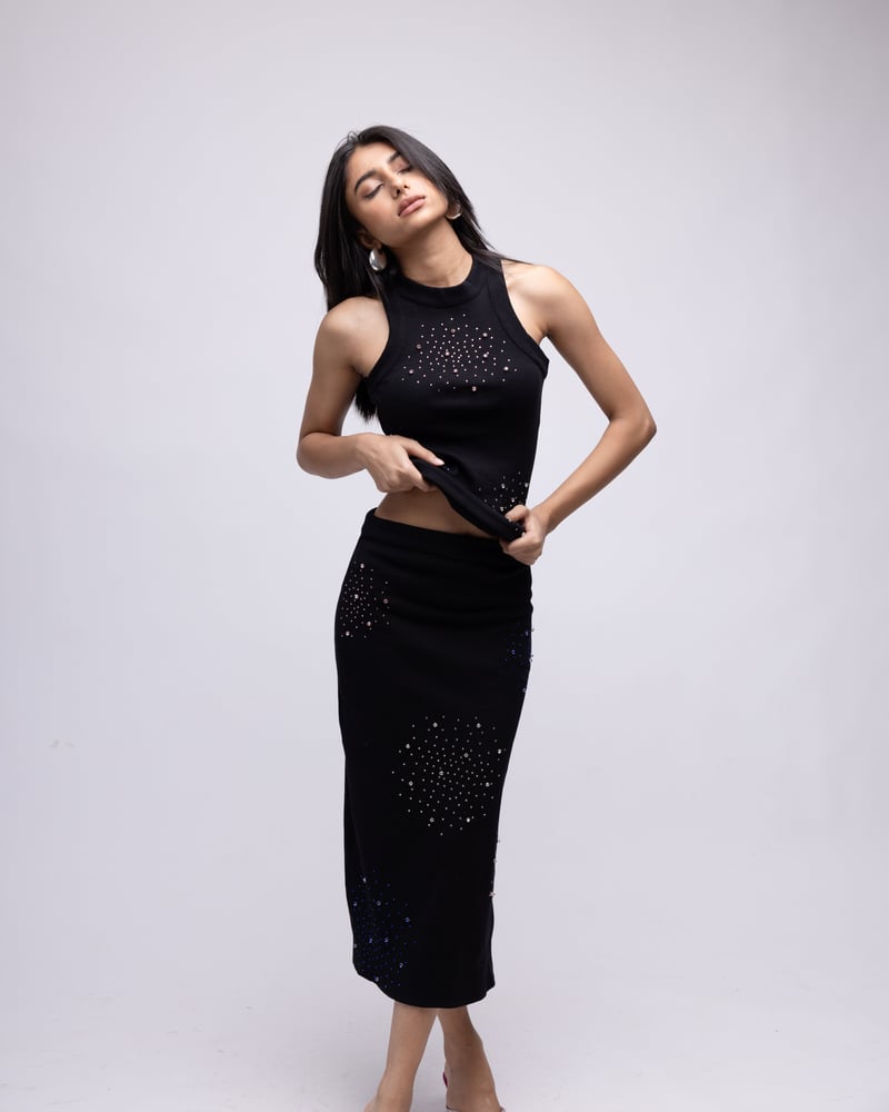 Black Ribbed High Neck Rhinestone-Embellished Tank Top