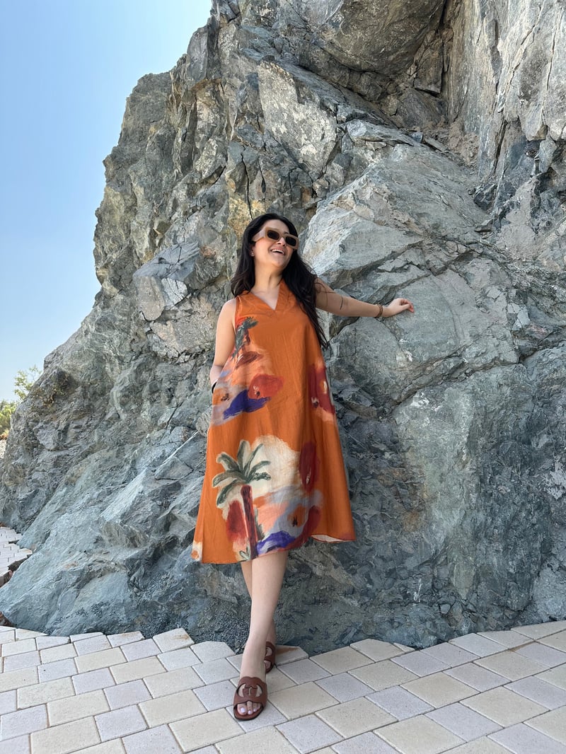 Rust Abstract Floral Printed Cotton Midi Dress with Pockets