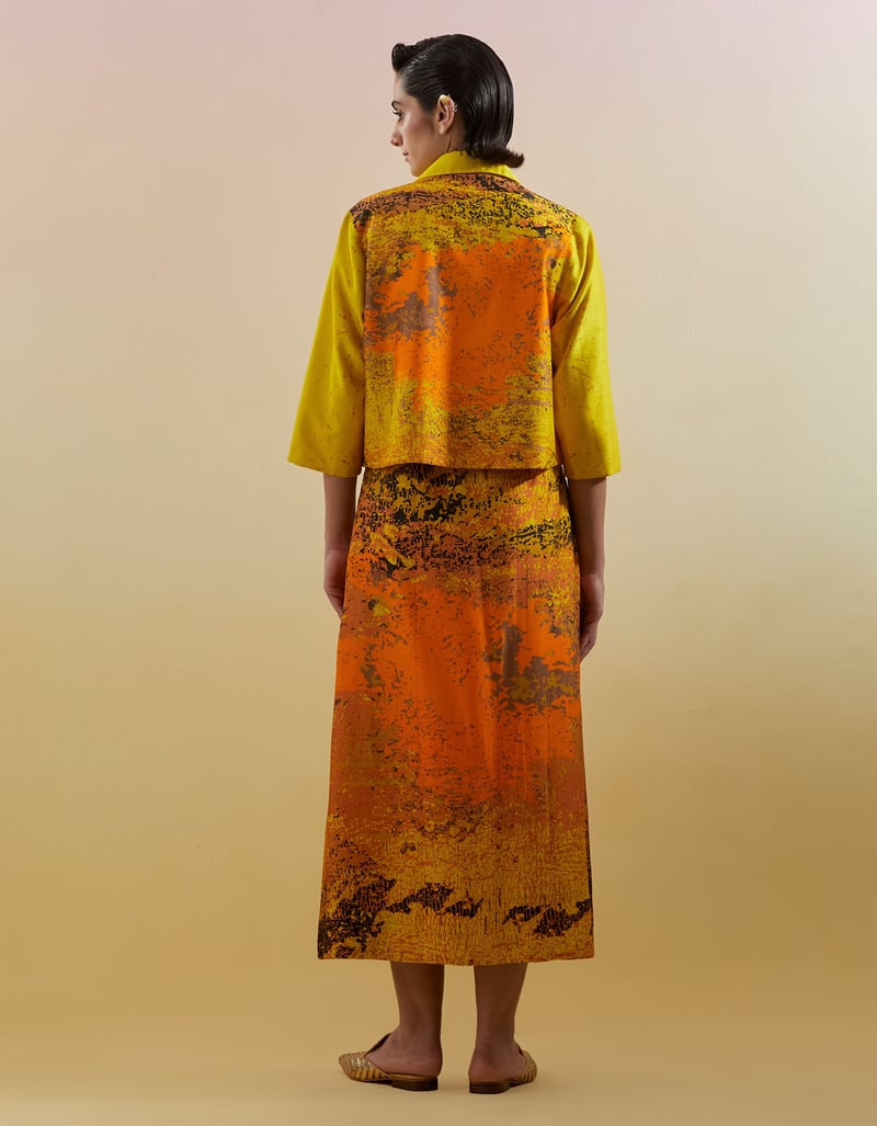 Yellow Colorblocked Jacket and Abstract Skirt Co-ord Set
